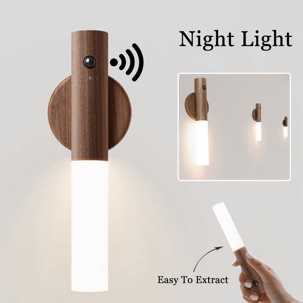 Wireless LED Night Light with PIR Motion Sensor - USB Rechargeable Magnetic Wood Wall Lamp for Corridors, Porches, and Cabinets