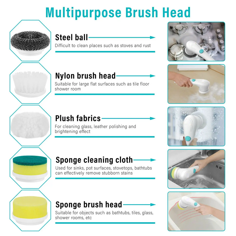 Effortless Cleaning with Multifunctional Electric Handheld  Brush Set - Household Scrubber for Bathtub, Sink, Bathroom, Kitchen Tiles, and More, Includes 5 Heads