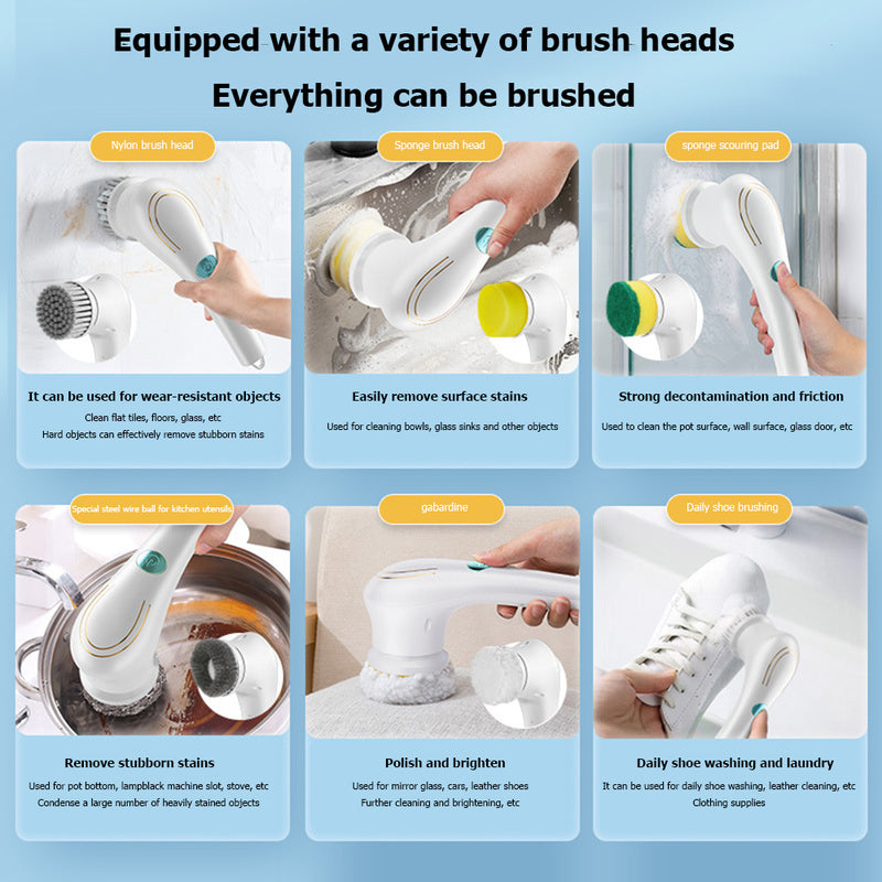 Effortless Cleaning with Multifunctional Electric Handheld  Brush Set - Household Scrubber for Bathtub, Sink, Bathroom, Kitchen Tiles, and More, Includes 5 Heads