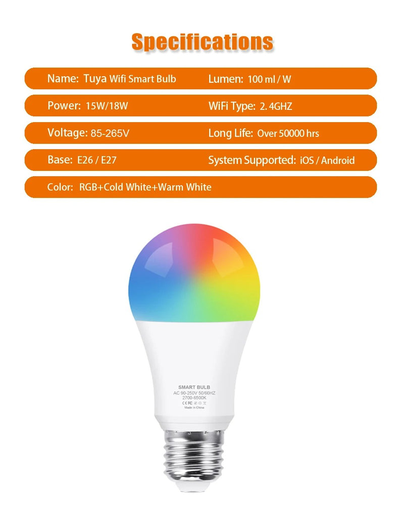 Tuya WiFi E27 LED Lamp RGB CW WW LED Light Bulb Alexa Smart Bulb Compatible with Google Assistant for Smart Life