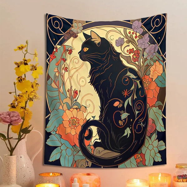 Psychedelic Black Cat Tapestry Wall Hanging - Rose and Sunbeam Art Nouveau Floral Wall Art - Animal Cat Lovers Gift - Home Decor