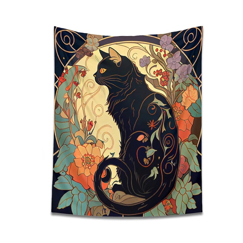 Psychedelic Black Cat Tapestry Wall Hanging - Rose and Sunbeam Art Nouveau Floral Wall Art - Animal Cat Lovers Gift - Home Decor