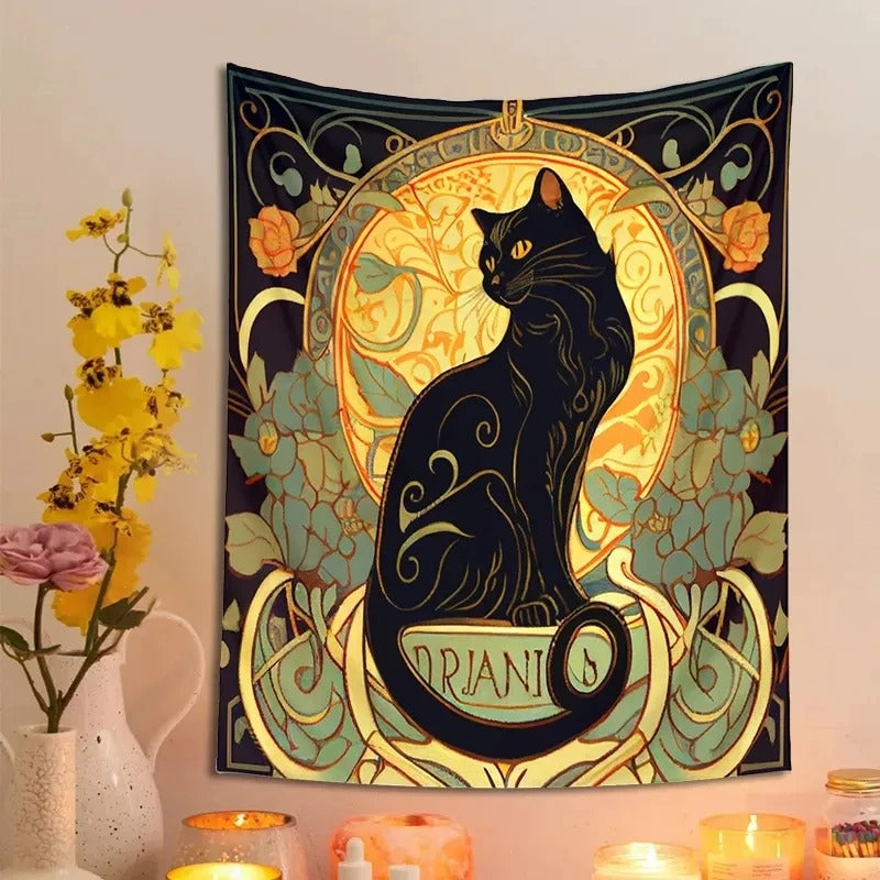 Psychedelic Black Cat Tapestry Wall Hanging - Rose and Sunbeam Art Nouveau Floral Wall Art - Animal Cat Lovers Gift - Home Decor