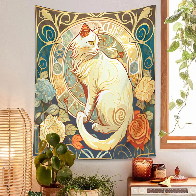 Psychedelic Black Cat Tapestry Wall Hanging - Rose and Sunbeam Art Nouveau Floral Wall Art - Animal Cat Lovers Gift - Home Decor